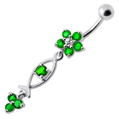 Silver Fancy Jeweled Dangling Flower With SS Banana Bar Navel Ring - Monster Piercing