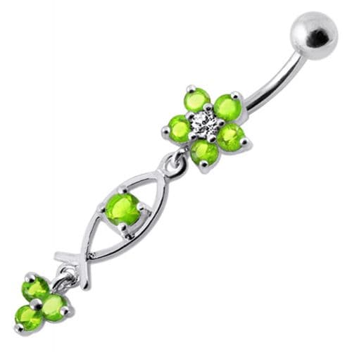 Silver Fancy Jeweled Dangling Flower With SS Banana Bar Navel Ring - Monster Piercing