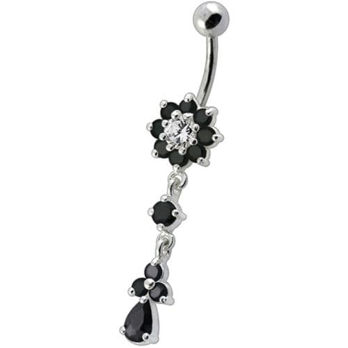 Fancy Jeweled Flower Dangling Curved Bar Belly Ring - Monster Piercing