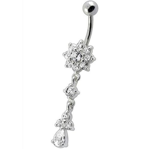 Fancy Jeweled Flower Dangling Curved Bar Belly Ring - Monster Piercing