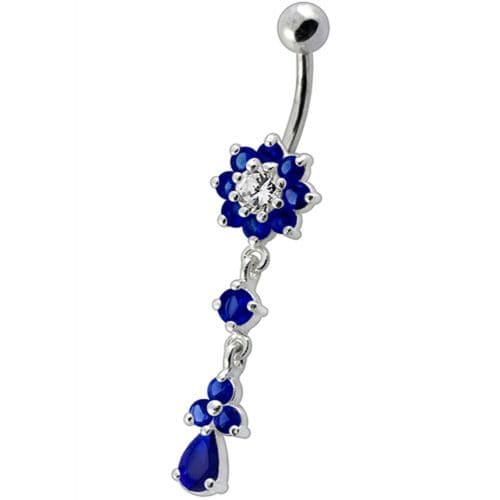 Fancy Jeweled Flower Dangling Curved Bar Belly Ring - Monster Piercing