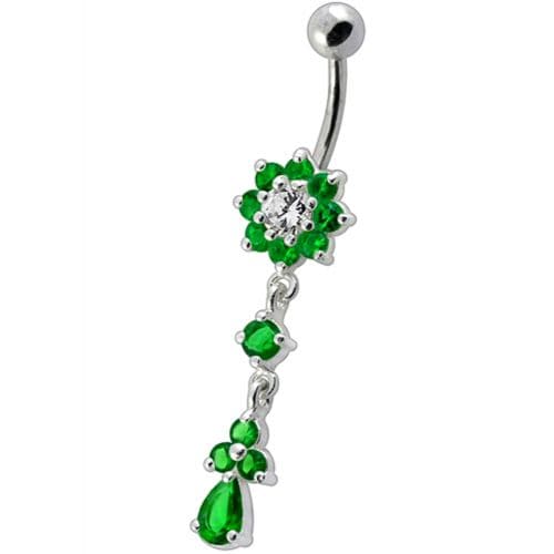 Fancy Jeweled Flower Dangling Curved Bar Belly Ring - Monster Piercing