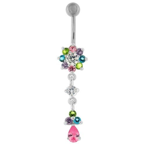 Fancy Jeweled Flower Dangling Curved Bar Belly Ring - Monster Piercing