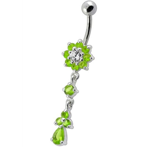 Fancy Jeweled Flower Dangling Curved Bar Belly Ring - Monster Piercing