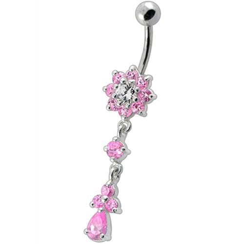 Fancy Jeweled Flower Dangling Curved Bar Belly Ring - Monster Piercing