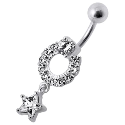 Fancy White Jeweled With Star Dangling Navel Belly Ring - Monster Piercing