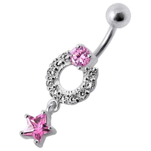 Fancy White Jeweled With Star Dangling Navel Belly Ring - Monster Piercing