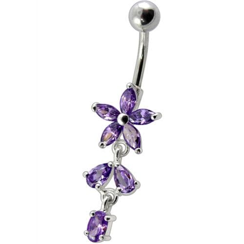 Fancy Non Moving Silver Flower Dangling SS Bar Belly Ring - Monster Piercing