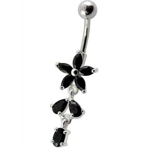 Fancy Non Moving Silver Flower Dangling SS Bar Belly Ring - Monster Piercing