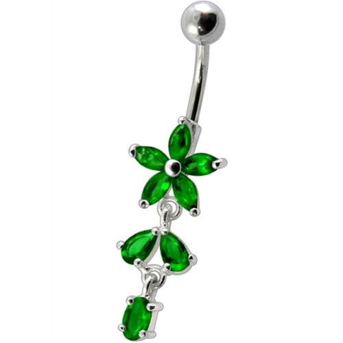 Fancy Non Moving Silver Flower Dangling SS Bar Belly Ring - Monster Piercing