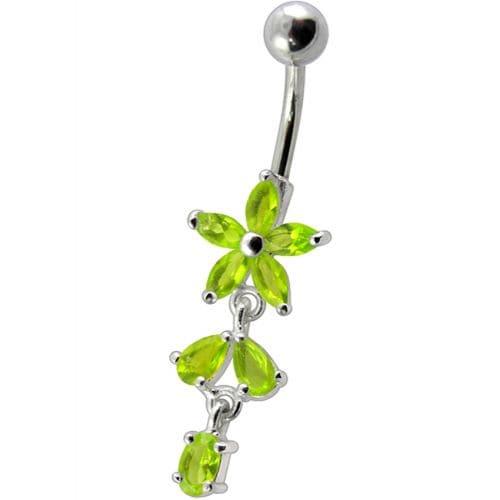 Fancy Non Moving Silver Flower Dangling SS Bar Belly Ring - Monster Piercing