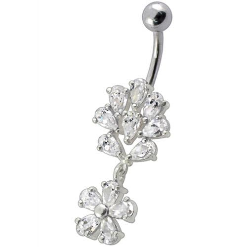 Fancy Flower Jeweled Dangling Belly Navel Body Jewelry Ring - Monster Piercing