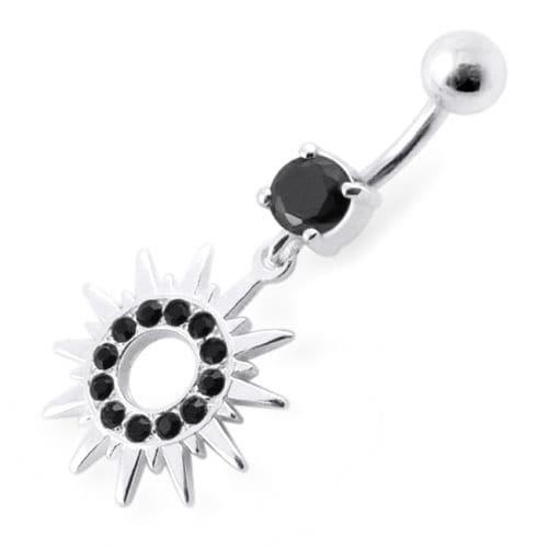 Fancy Colored Sun Jeweled Dangling Banana Bar Belly Ring - Monster Piercing