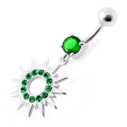 Fancy Colored Sun Jeweled Dangling Banana Bar Belly Ring - Monster Piercing