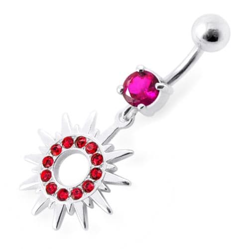 Fancy Colored Sun Jeweled Dangling Banana Bar Belly Ring - Monster Piercing