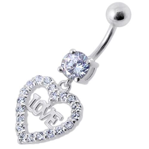 Fancy Jeweled Love Heart Symbol Dangling Belly Ring - Monster Piercing