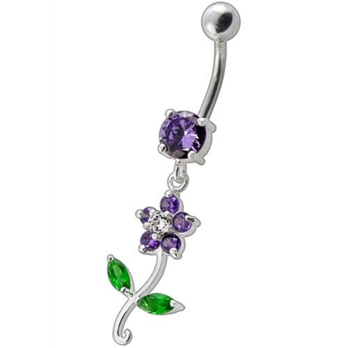 Fancy Flower With Green Jeweled Leafs Dangling Navel Banana Bar Ring - Monster Piercing