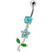 Fancy Flower With Green Jeweled Leafs Dangling Navel Banana Bar Ring - Monster Piercing