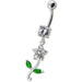 Fancy Flower With Green Jeweled Leafs Dangling Navel Banana Bar Ring - Monster Piercing