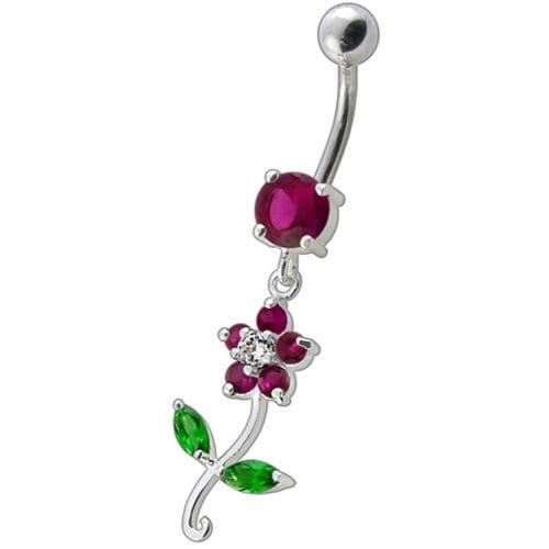 Fancy Flower With Green Jeweled Leafs Dangling Navel Banana Bar Ring - Monster Piercing