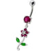 Fancy Flower With Green Jeweled Leafs Dangling Navel Banana Bar Ring - Monster Piercing