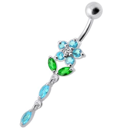 Fancy Jeweled Flower Dangling Banana Bar Navel Ring - Monster Piercing