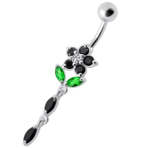 Fancy Jeweled Flower Dangling Banana Bar Navel Ring - Monster Piercing