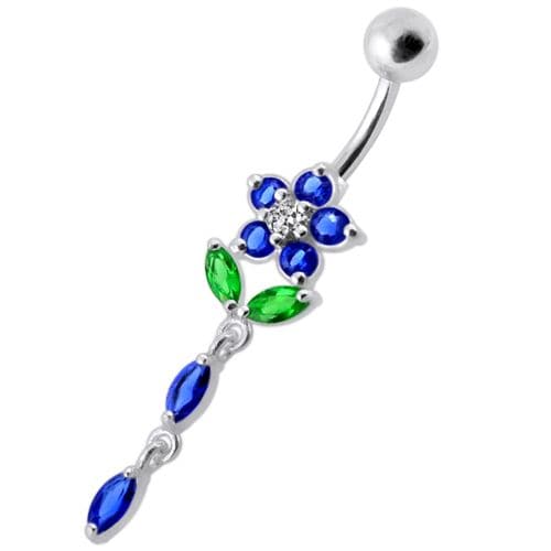 Fancy Jeweled Flower Dangling Banana Bar Navel Ring - Monster Piercing