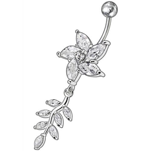 Fancy flower With Leafs Jeweled Silver Dangling Banana Belly Ring - Monster Piercing