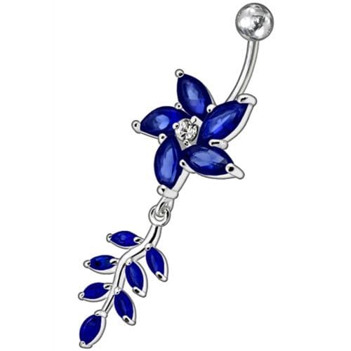 Fancy flower With Leafs Jeweled Silver Dangling Banana Belly Ring - Monster Piercing