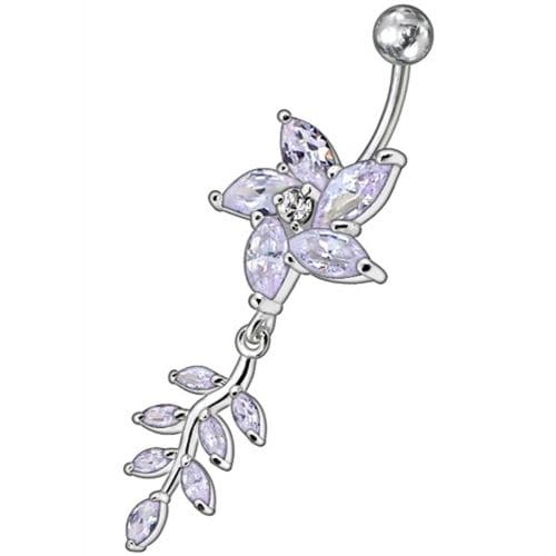 Fancy flower With Leafs Jeweled Silver Dangling Banana Belly Ring - Monster Piercing