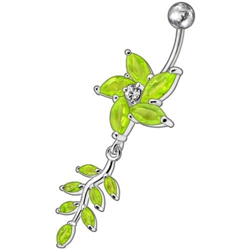 Fancy flower With Leafs Jeweled Silver Dangling Banana Belly Ring - Monster Piercing