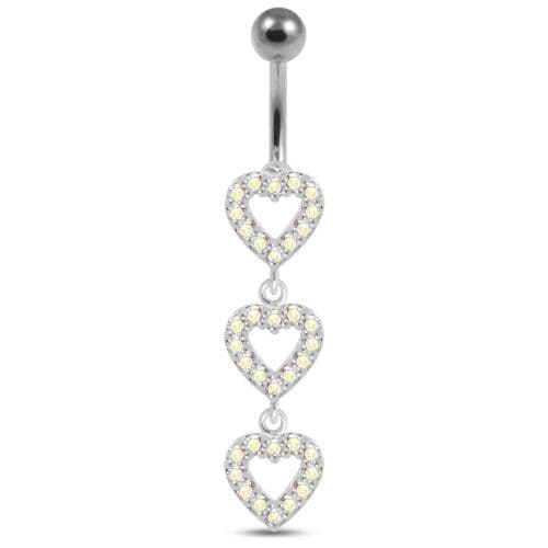 Triple Heart Dangling Fancy Multi Jeweled Curved Bar Belly Ring - Monster Piercing