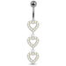 Triple Heart Dangling Fancy Multi Jeweled Curved Bar Belly Ring - Monster Piercing