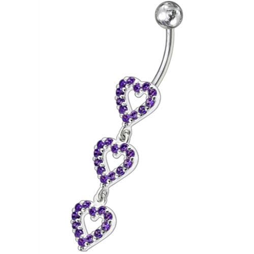 Triple Heart Dangling Fancy Multi Jeweled Curved Bar Belly Ring - Monster Piercing