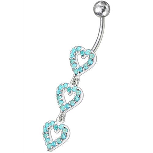 Triple Heart Dangling Fancy Multi Jeweled Curved Bar Belly Ring - Monster Piercing