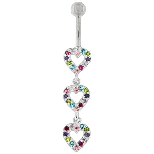 Triple Heart Dangling Fancy Multi Jeweled Curved Bar Belly Ring - Monster Piercing