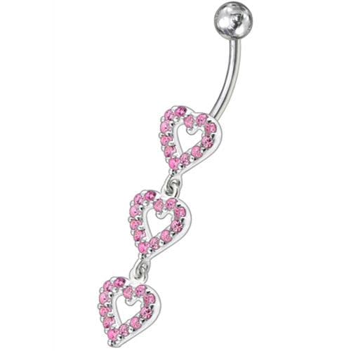 Triple Heart Dangling Fancy Multi Jeweled Curved Bar Belly Ring - Monster Piercing