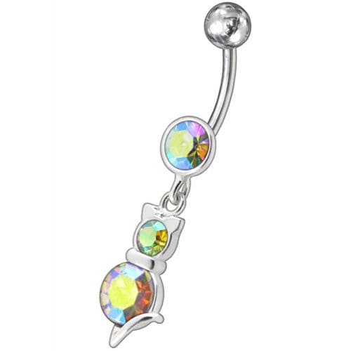 Silver Fancy cat with Single Stone Jeweled Dangling Belly Ring - Monster Piercing