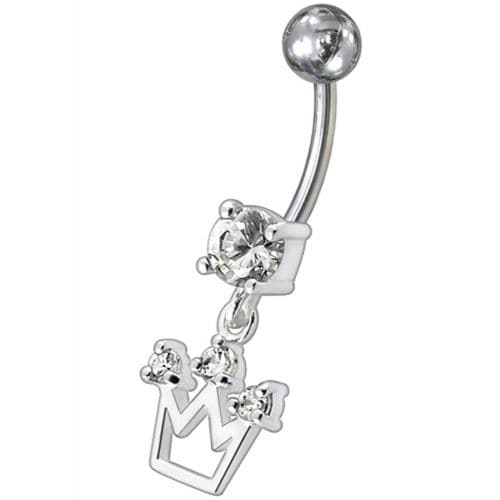 Fancy Silver Crown Jeweled Dangling Belly Ring - Monster Piercing