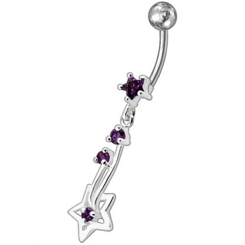 Silver Fancy Star Jeweled Dangling With SS Bar Navel Ring - Monster Piercing