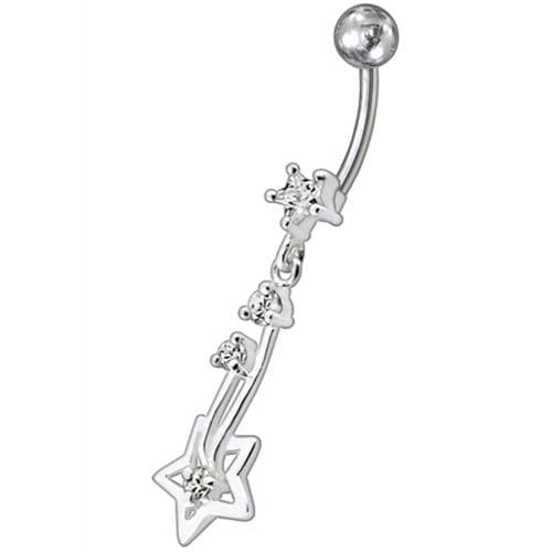 Silver Fancy Star Jeweled Dangling With SS Bar Navel Ring - Monster Piercing