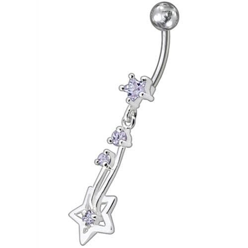 Silver Fancy Star Jeweled Dangling With SS Bar Navel Ring - Monster Piercing