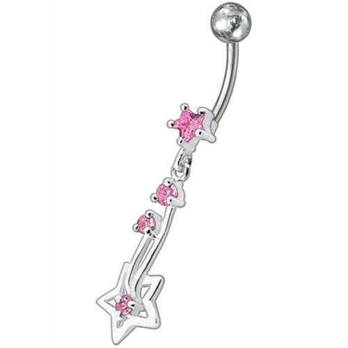 Silver Fancy Star Jeweled Dangling With SS Bar Navel Ring - Monster Piercing