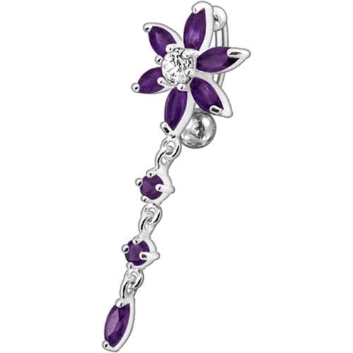 Fancy  Flower With Long Tail Jeweled Dangling Navel Ring - Monster Piercing