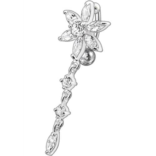 Fancy  Flower With Long Tail Jeweled Dangling Navel Ring - Monster Piercing