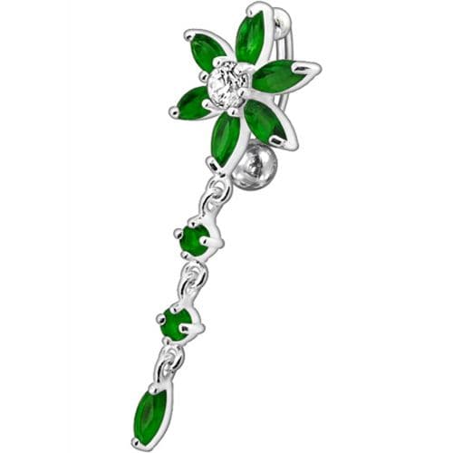 Fancy  Flower With Long Tail Jeweled Dangling Navel Ring - Monster Piercing