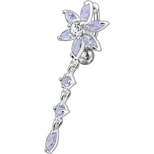 Fancy  Flower With Long Tail Jeweled Dangling Navel Ring - Monster Piercing