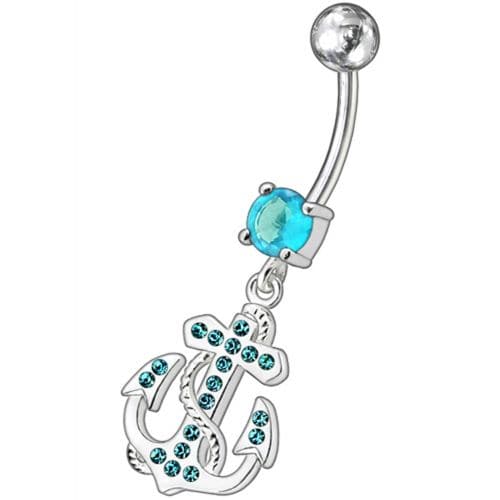 Fancy Jeweled Anchor And Cross Dangling Curved Belly Ring - Monster Piercing