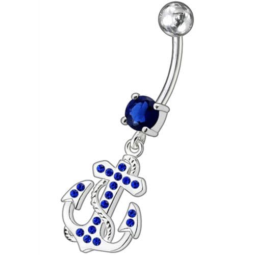 Fancy Jeweled Anchor And Cross Dangling Curved Belly Ring - Monster Piercing